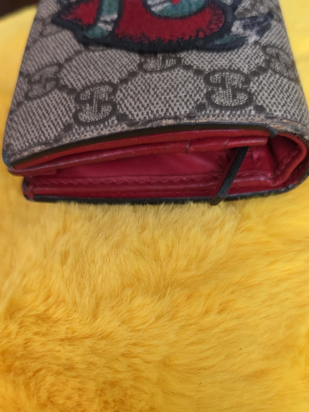Gucci Beige GG Canvas Wallet with Red Heart and Green Snake Embroidery